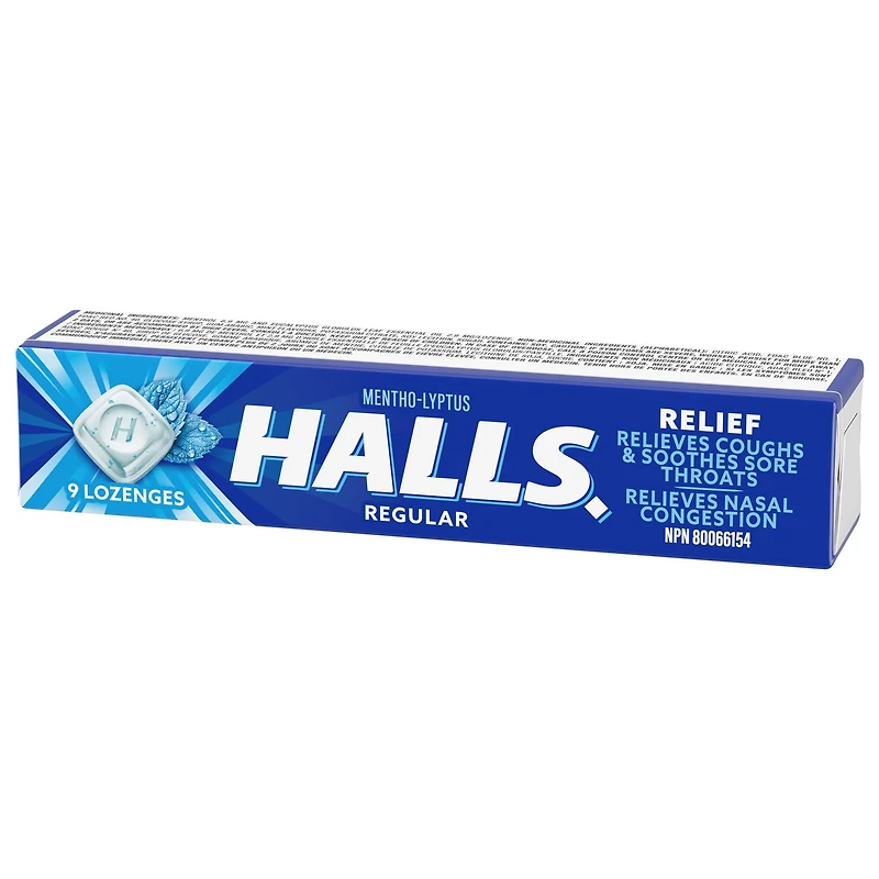 HALLS Regular Cough Drops, Throat Lozenges, Sore Throat Relief, Mentho-Lyptus, 9 Lozenges