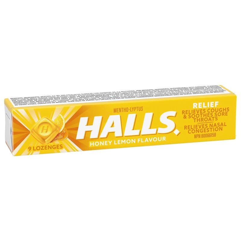 HALLS Honey Lemon Cough Drops, Throat Lozenges, Sore Throat Relief, Mentho-Lyptus, 9 Lozenges