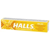 HALLS Honey Lemon Cough Drops, Throat Lozenges, Sore Throat Relief, Mentho-Lyptus, 9 Lozenges