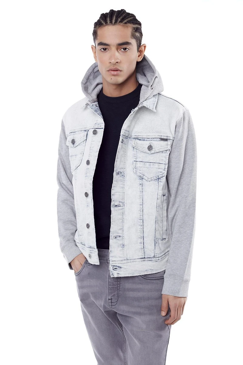 Jeaniologie ™ Denim Jacket With Combo Hood and Sleeves - Acid Wash