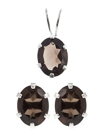 Ens. boucles d’oreille et pendentif de quartz fumés en argent sterling