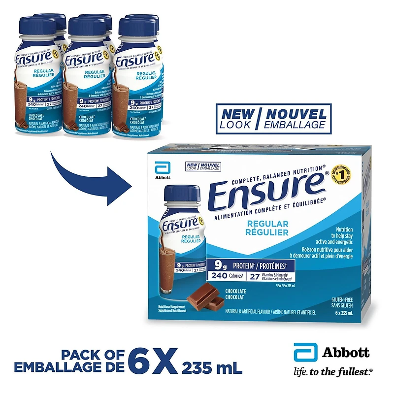 Ensure Regular, Nutritional Supplement Shake, Nutrition To Stay Active And Energetic, Chocolate, 6 x 235-mL Bottles, 6 x 235-mL (6-Pack)