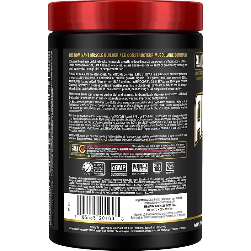Aminocore BCAA - 8 g BCAA - 100 % acides aminés à chaîne ramifiée pure - Sans gluten - Framboise bleue - 462 g Soutien musculaire intra-entraînement<br>Stimule instantanément la croissance musculaire de 350 %<br>Sans agents de remplissage, sans acides aminés sans BCAA et sans sucre