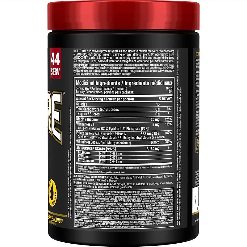 Aminocore BCAA - 8 g BCAA - 100 % acides aminés à chaîne ramifiée pure - Sans gluten - Framboise bleue - 462 g Soutien musculaire intra-entraînement<br>Stimule instantanément la croissance musculaire de 350 %<br>Sans agents de remplissage, sans acides aminés sans BCAA et sans sucre