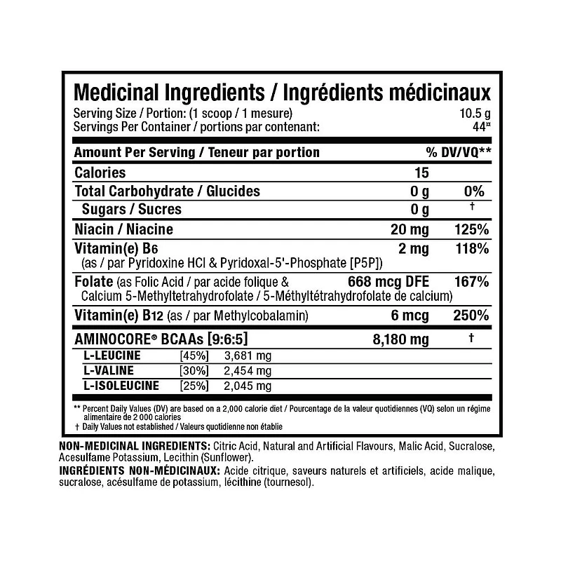 Aminocore BCAA - 8 g BCAA - 100 % acides aminés à chaîne ramifiée pure - Sans gluten - Framboise bleue - 462 g Soutien musculaire intra-entraînement<br>Stimule instantanément la croissance musculaire de 350 %<br>Sans agents de remplissage, sans acides aminés sans BCAA et sans sucre