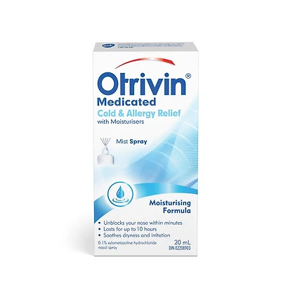 Otrivin Medicated w/Moisturizers Cold & Allergy Relief Nasal Decongestant, 20ml, 20ml Mist Spray