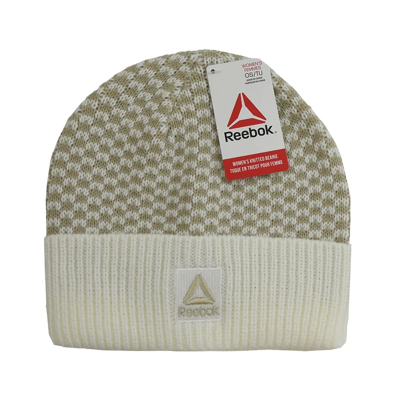 Tuque Reebok pour femme, fabriquée avec fibres acryliques 100 % extensibles. Motif géométrique tricoté avec bordure. Toucher doux et logo Reebok brodé. Taille unique.