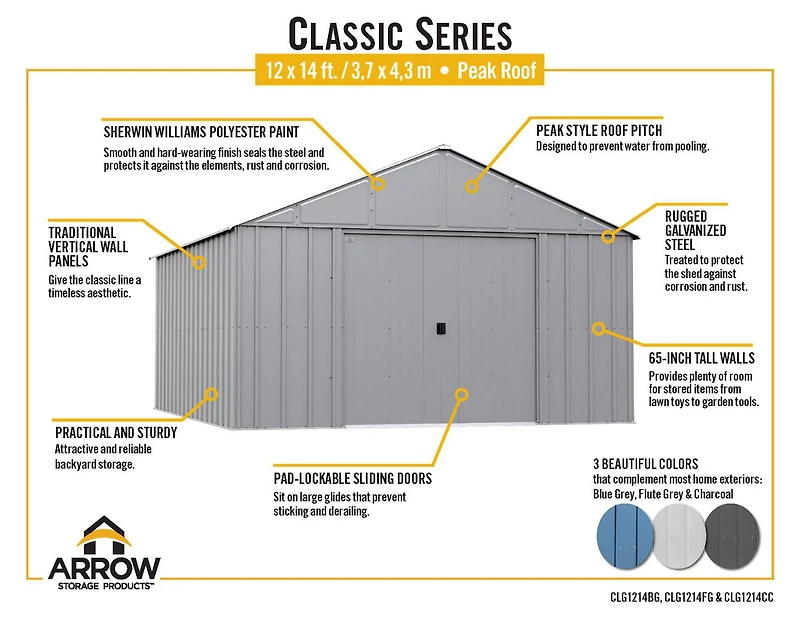 Arrow Classic Metal Shed, 12 x 14, Flute Grey
