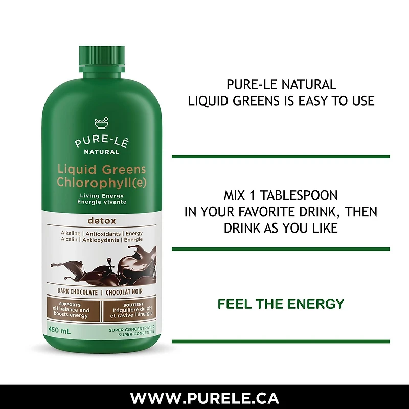 Légumes verts en liquide chlorophillé Natural de Pure-lē à saveur de chocolat noir