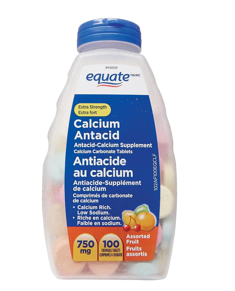 Equate Extra Strength Calcium Antacid, Assorted Fruit 750mg, 100 CHEWABLE TABLETS