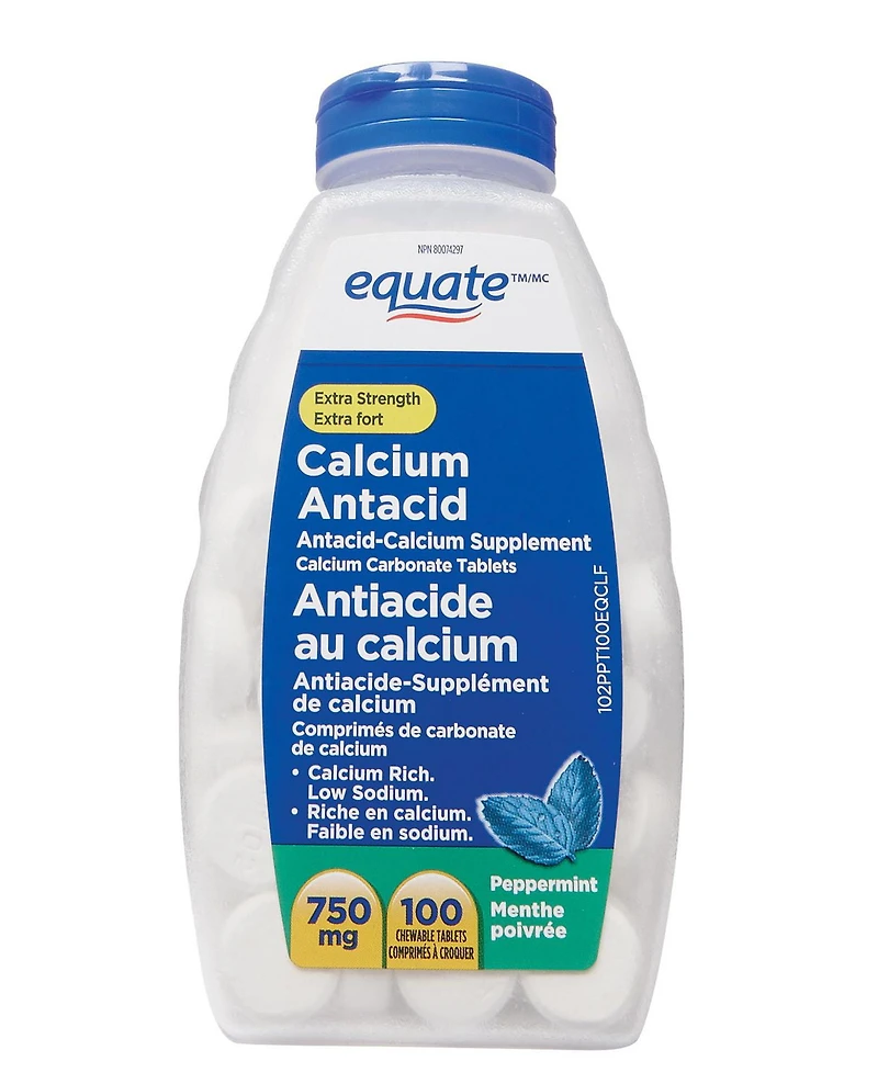 Equate Extra Fort Antiacide au Calcium, Menthe<br>poivrée 750mg