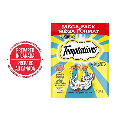 Gâteries pour chats Temptations Mélimélo arômes de thon, de crevettes et de saumon, tendres à l'intérieur, croquantes à l'extérieur 180 g - 850 g