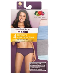 Fruit of the Loom Women's Ultra Soft Modal Hipster Underwear, 4 pack, Sizes: 5 - 8