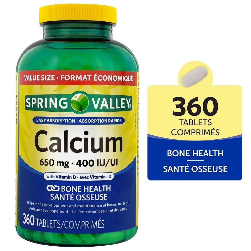 Spring Valley Calcium avec Vit D 650 mg/400 UI 360 Comprimes