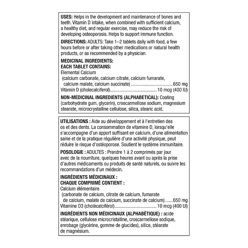 Spring Valley Calcium avec Vit D 650 mg/400 UI 360 Comprimes