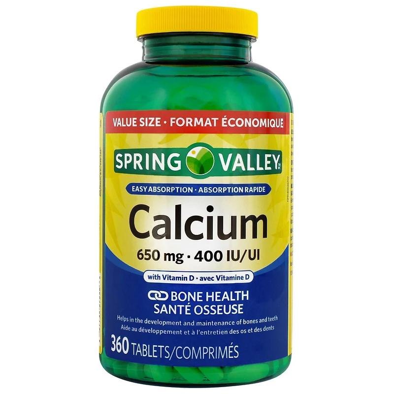 Spring Valley Calcium avec Vit D 650 mg/400 UI 360 Comprimes