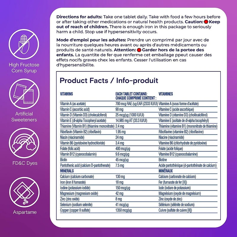 Multivitamines One A Day pour femmes – Vitamines quotidiennes pour femmes – Multivitamines pour femmes avec vitamines A, C et D, zinc pour le soutien immunitaire, vitamines E et B12, biotine, calcium et fer 250 comprimés