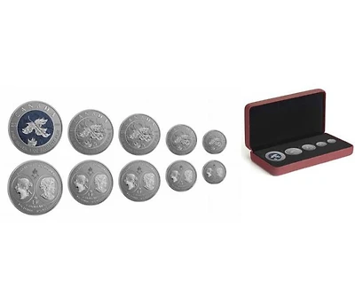 Ensemble fractionnel de feuille d'érable à 5 pièces en argent pur - Célébration du bicentenaire