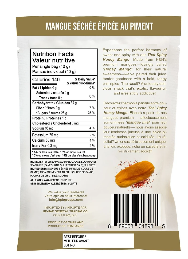 40g Mangue Épicée – H&H Santé & Bonheur Mangue Séchée Premium au Chili