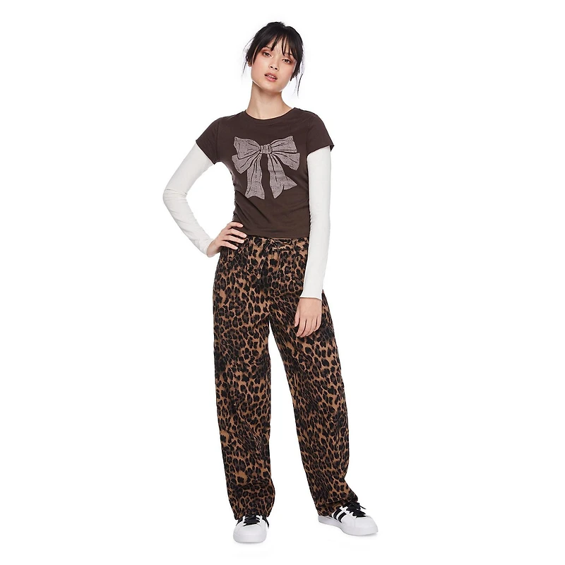 My Sister's Closet Girls' All-Over Leopard Printed Belted Barrel Pant