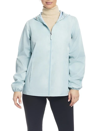 Details Women's Windbreaker Jacket With Gingham Lining Trim Inside of Hood & Yoke