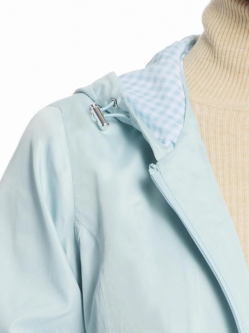 Details Women's Windbreaker Jacket With Gingham Lining Trim Inside of Hood & Yoke