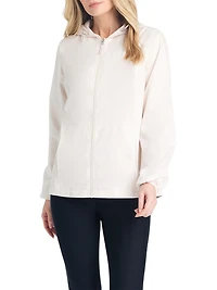 Details Women's Windbreaker Jacket With Gingham Lining Trim Inside of Hood & Yoke