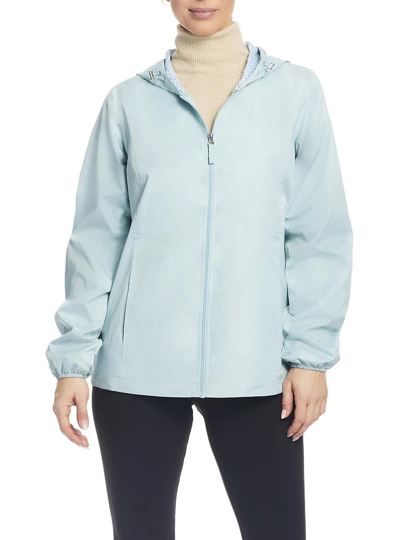 Details Women's Windbreaker Jacket With Gingham Lining Trim Inside of Hood & Yoke