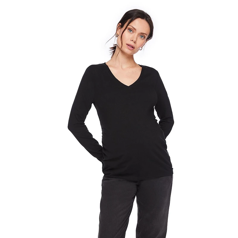 Paisley Sky Maternity Long Sleeve Side Ruched V-Neck Tee