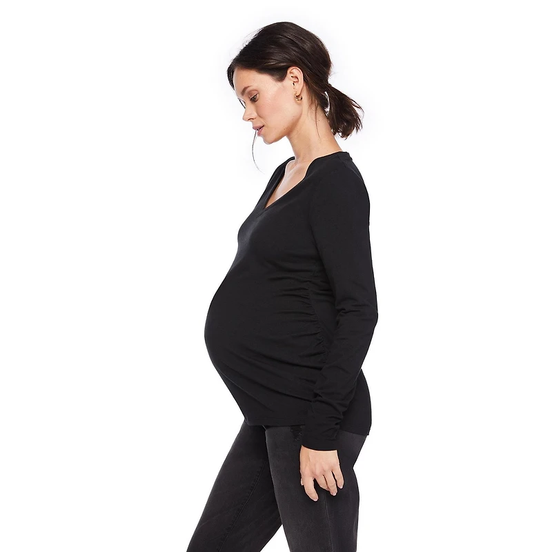 Paisley Sky Maternity Long Sleeve Side Ruched V-Neck Tee