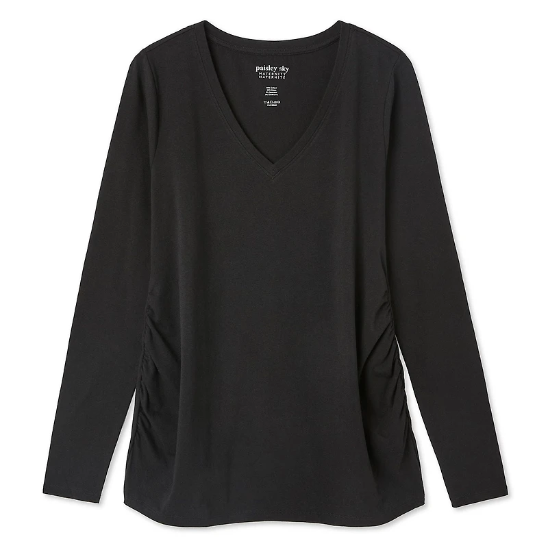 Paisley Sky Maternity Long Sleeve Side Ruched V-Neck Tee