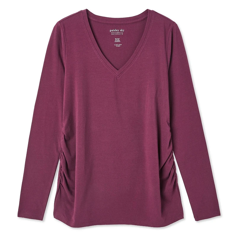 T-shirt à manches longues avec motif ruché et encolure en V Paisley Sky Maternité Tailles P-TTG