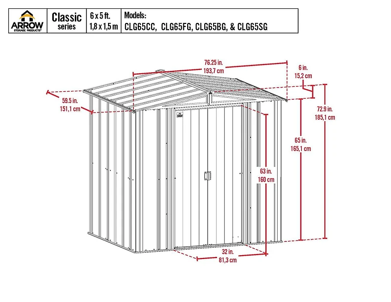 Arrow Classic Steel Storage Shed, 6x5, Charcoal