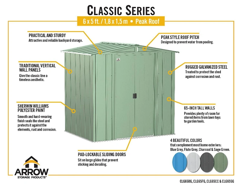 Arrow Classic Steel Storage Shed, 6x5, Charcoal