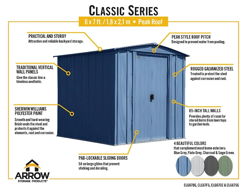 Arrow Classic Steel Storage Shed, 6x7, Gris bleu