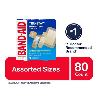 Band-Aid Tru-Stay Sheer Strips Comfort-Flex Adhesive Bandages, Assorted Sizes, 80 Count