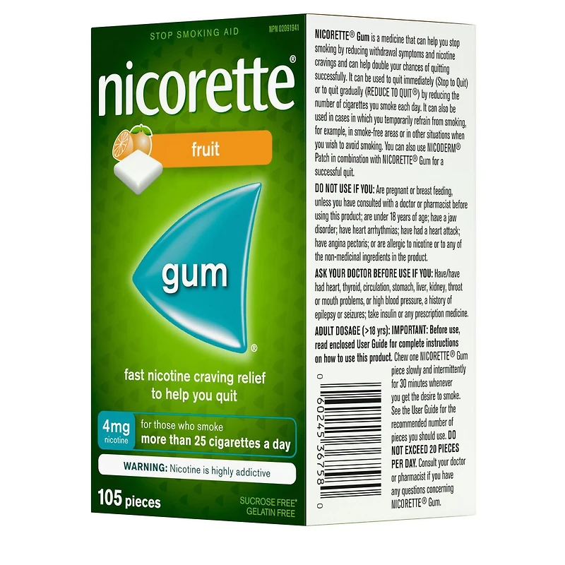 Nicorette Gum, Nicotine 4 mg, Fruit Flavour, Quit Smoking Aid and Smoking Cessation Aid, 105 pieces