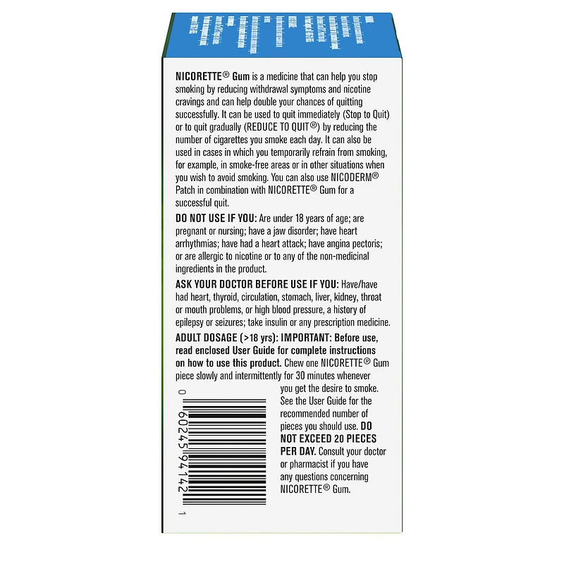 Nicorette Gomme à 2 mg de nicotine, saveur de menthe Frissons extrêmes, aide antitabagique et aide pour cesser de fumer 105 morceaux