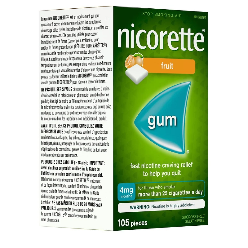 Nicorette Gum, Nicotine 4 mg, Fruit Flavour, Quit Smoking Aid and Smoking Cessation Aid, 105 pieces