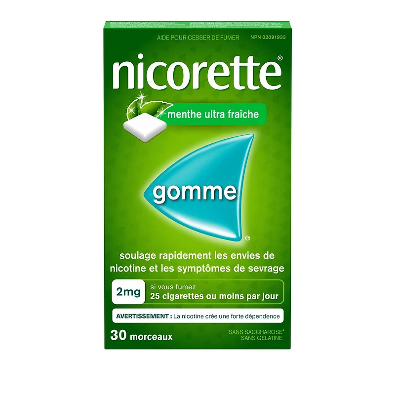 Nicorette Gomme à 2 mg de nicotine, saveur de menthe ultra fraîche, aide antitabagique, aide pour cesser de fumer 30 morceaux