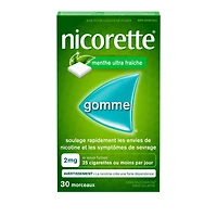 Nicorette Gomme à 2 mg de nicotine, saveur de menthe ultra fraîche, aide antitabagique, aide pour cesser de fumer 30 morceaux