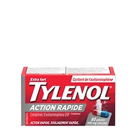 Tylenol Extra fort Action rapide en gélules à 500 mg. Soulage le mal de tête, la douleur et la fièvre 80 gélules