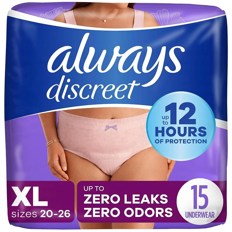 Always Discreet Adult Incontinence Underwear for Women and Postpartum Underwear, XL, Up to 100% Bladder Leak Protection,, 15CT