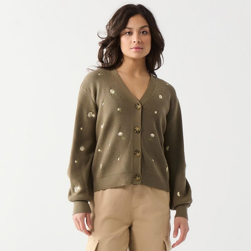 DV L/S knit cardigan with buttons and embroidered flowers