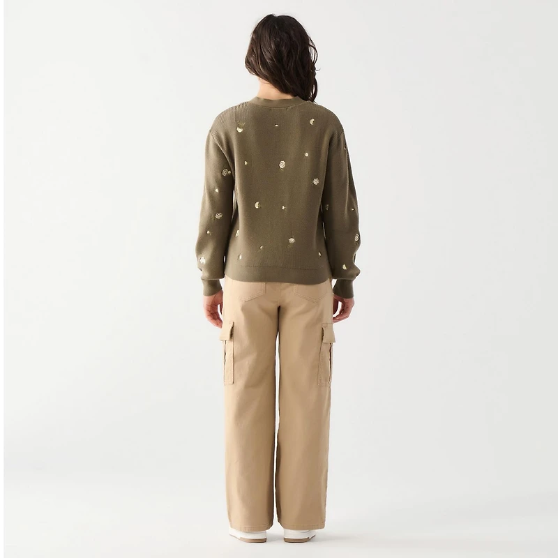 Cardigan en tricot à manches longues avec boutons et fleurs brodées