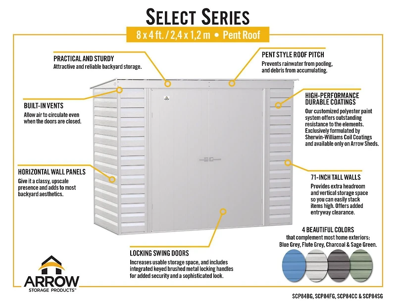 Arrow Select Steel Storage Shed Steel Storage Shed, 8x4, Blue Grey