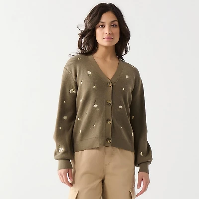Cardigan en tricot à manches longues avec boutons et fleurs brodées
