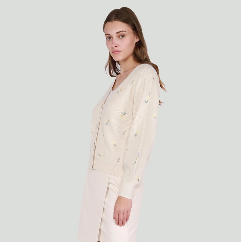Cardigan en tricot à manches longues avec boutons et fleurs brodées
