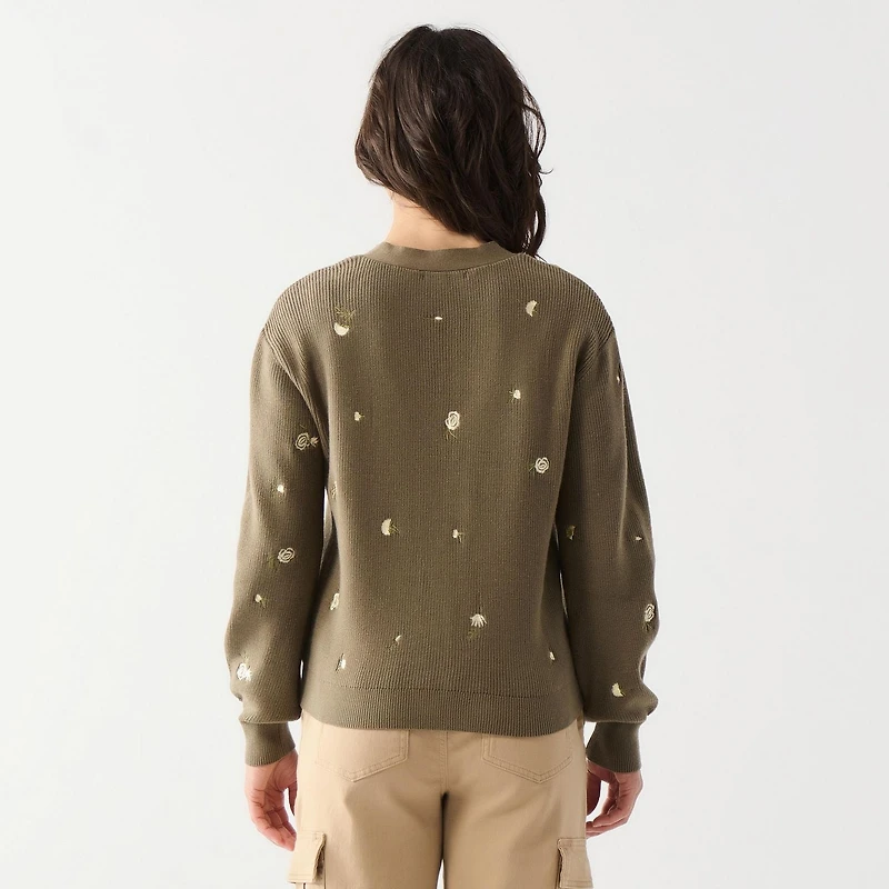 Cardigan en tricot à manches longues avec boutons et fleurs brodées