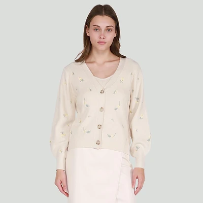 DV L/S knit cardigan with buttons and embroidered flowers